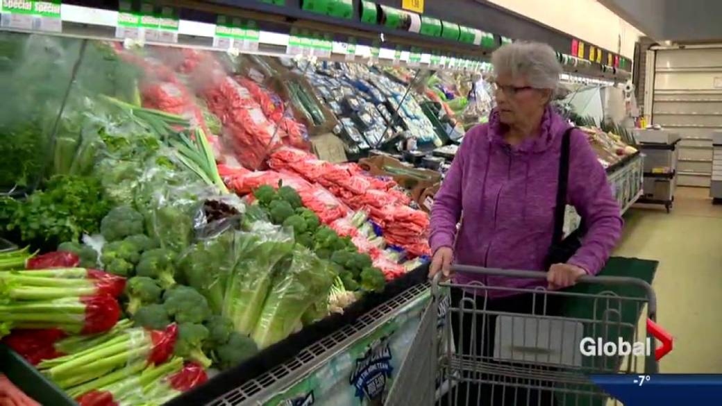 Canadians shopping for groceries with worried expressions facing high prices